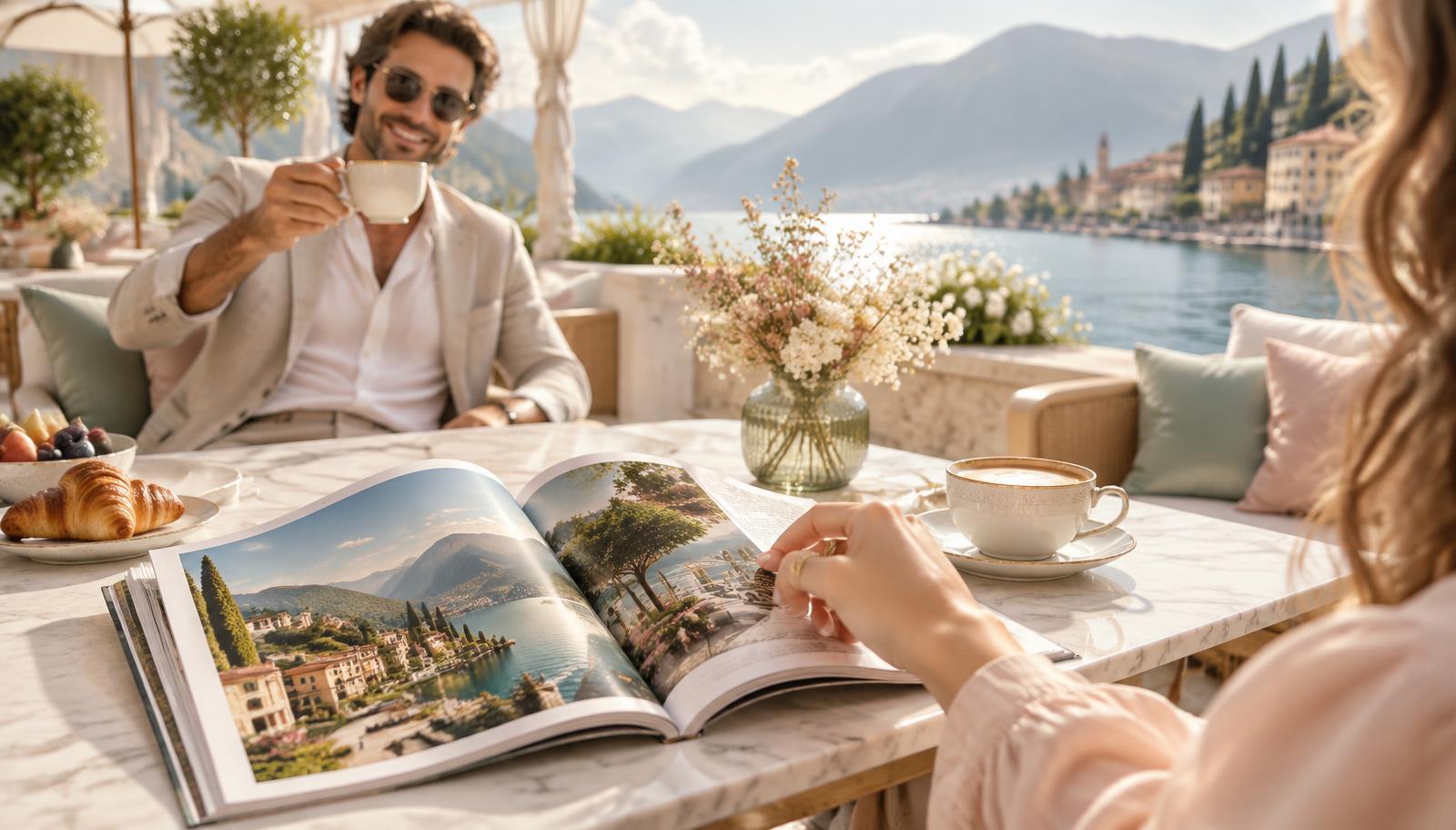 Deux personnes partagent un café et la lecture d'un beau magazine en terrasse face au lac — le média et le réseau INÜI
